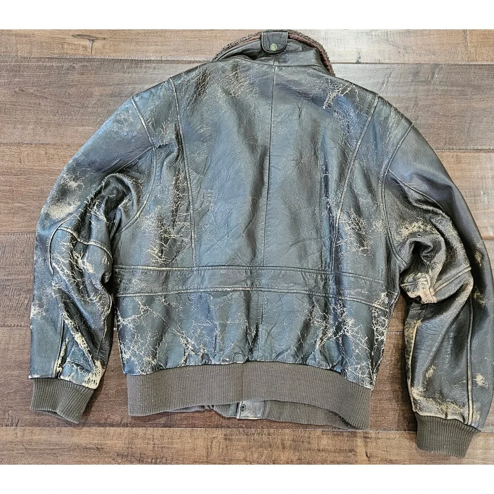 VTG Distressed Arizona Military XL Leather Bomber Flight Jacket Brown Sherpa